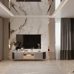 A bedroom TV and lounge area where we executed the installation of a marble feature wall and a mirrored ceiling. The bay window seating with built-in storage was also constructed by our team.