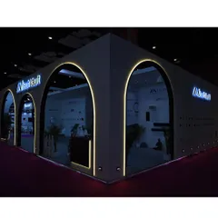 Our booth at the D-arc exhibition, ready to welcome visitors. The design, with its clean lines and integrated lighting, reflects our approach to blending technology with modern architecture.