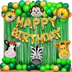 A classic jungle animal birthday decoration. This setup features a green fringe backdrop, "Happy Birthday" foil letters, and large foil balloons of various friendly animals.