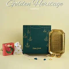 Meet our "Golden Heritage" hamper, a Diwali bestseller. This elegant set includes a decorative brass tray and other traditional goodies, all packed in a beautiful green and gold box.