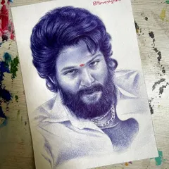 A finished portrait of Allu Arjun as Pushpa, created with a blue ballpoint pen. The detailed cross-hatching brings out the texture of his beard and hair, capturing the rugged look of the character.