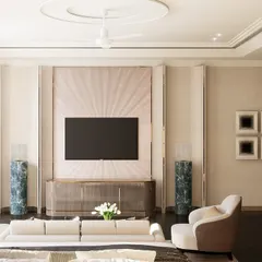 The master bedroom in our Palam Vihar project features a striking TV wall with a sunburst-patterned backdrop. This custom detail serves as a focal point, blending artistry with function.