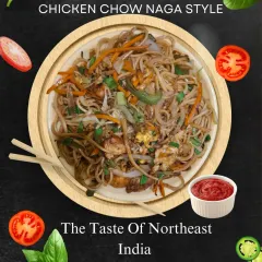 This is our Chicken Chowmein, made Naga style. The noodles are stir-fried with chicken, fresh vegetables, and a mix of savoury sauces for a simple and satisfying meal.