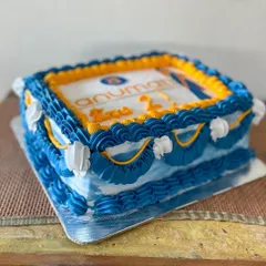 A vintage-style sheet cake for the 2nd anniversary of Anumati. I used their brand colors for the buttercream piping and included their logo and mascot for a personalized corporate celebration cake.