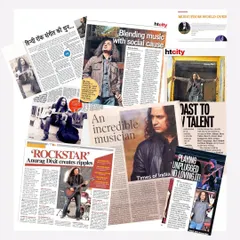More press clippings from publications like Times of India and HT City, highlighting my work blending music with social causes and keeping pop music alive.