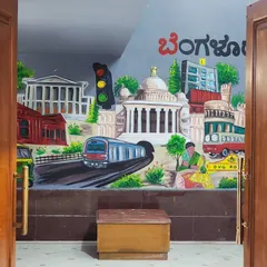 A view of the Bengaluru mural as seen from the doorway, drawing you into the space.
