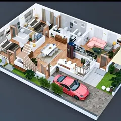 Our 3D visualization service provides a complete dollhouse view of your future home's ground floor. This render details the open-concept living and dining area, two bedrooms with attached baths, kitchen layout, and the seamless connection to the outdoor garden and driveway.