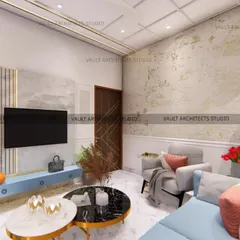 A living area designed with a modern classic theme. The space features wall molding, a textured accent wall, and a mix of contemporary furniture in cool tones to create a sophisticated yet comfortable atmosphere.