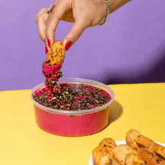 That perfect dip. My Sizzling Beetroot Yogurt Dip is vibrant, healthy, and delicious, served here with crunchy crostini.