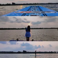 A collage showcasing the serene beauty of stand-up paddleboarding at sunset in Mulki. It's a perfect way to connect with nature and find your balance.