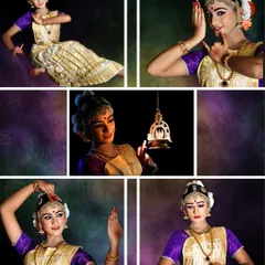 A collage showcasing the many expressions of a Bharatanatyam dancer. From subtle glances to dynamic poses, each image highlights the detailed artistry and emotional depth we nurture in our students during their training.