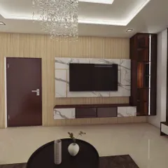 Another angle of the living room concept, focusing on the TV unit and the interplay between the vertical fluted panels and the dark wood shelving.