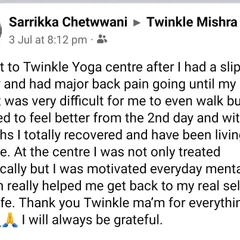 A screenshot of a message from Sarrikka. She suffered from a slip disc injury that made it difficult to even walk. Within two months of my therapeutic yoga program, she made a full recovery and got her life back.