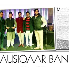 The cover page for the 'Mausiqaar Band' article in Indian Talent Magazine. It includes a group photo and describes our band's musical philosophy and journey.