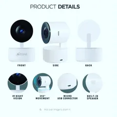 Explore the product details of the Ozone Smart Indoor Positional Camera. This multi-angle view highlights its IR night vision lens, 352-degree movement capability, built-in speaker for two-way talk, and simple micro USB power connection.