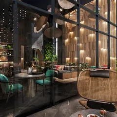 An executive lounge designed with a unique and sophisticated aesthetic. This view from the outside looking in showcases the layered design, with a bar area, comfortable seating nooks, and dramatic lighting.