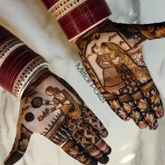 This special design for Karwa Chauth tells the story of the festival. One hand shows a woman with a sieve (chalni) looking at the moon, while the other features a romantic couple portrait, all framed by intricate patterns.
