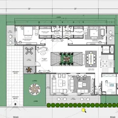A ground floor plan for a farmhouse, illustrating how we design from the inside out. The layout strategically places living spaces around a central courtyard and expansive lawns, blurring the boundary between the built structure and the open land.