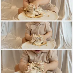A collage showing the delightful progression of a cake smash. These little hands exploring the cake are a memory worth keeping forever.