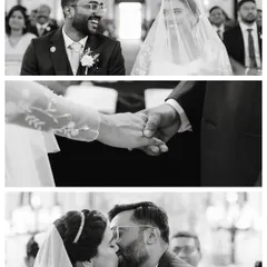 A collage of key ceremony moments in black and white: the couple's loving glance, holding hands, and their first kiss as husband and wife.