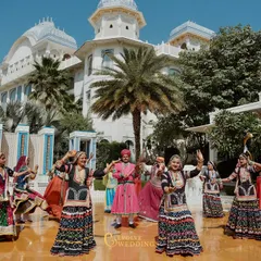 Traditional Rajasthani folk dancers perform in the courtyard, adding an authentic and lively element of entertainment that immerses guests in the local culture.