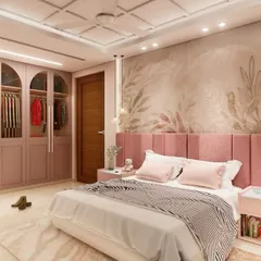 This bedroom design uses a soft pink color scheme to create a whimsical yet decadent feel. The arched, glass-paneled wardrobes and a delicate botanical mural behind the upholstered headboard add a touch of personalized glamour.