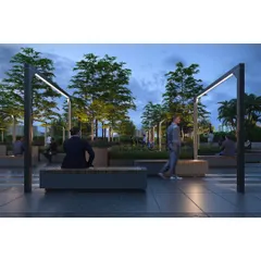 Modern lighting fixtures double as sculptural elements, framing seating areas and providing functional illumination for this rooftop terrace plaza.
