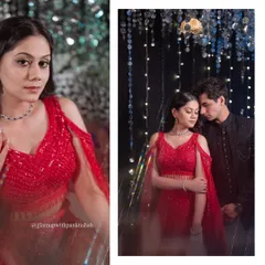 This subtle glam look for a Sangeet features soft tones, luminous skin, and a graceful finish. It's elegant, timeless, and perfect for a bride in a striking red outfit.