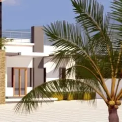 This render emphasizes a tropical landscape theme, with a prominent palm tree framing the view of the villa. The design creates a vacation-like atmosphere, perfect for relaxation and outdoor enjoyment.