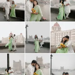 This nine-grid collage captures the full story of a pre-wedding shoot at the Gateway of India, from wide shots to intimate close-ups.