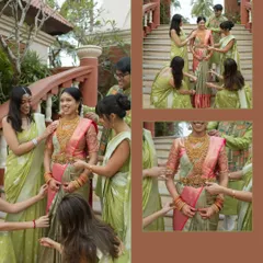 A collage showing a South Indian bride getting ready with the help of her bridesmaids, all dressed in beautiful matching green sarees.