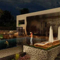 A closer look at the pool area at night. We use strategic lighting to create a magical ambiance, highlighting the pool, deck, and surrounding landscape, making it a perfect spot for evening relaxation or poolside parties.
