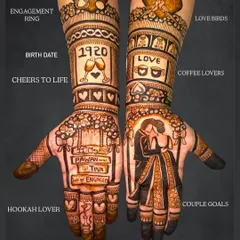 I love making your henna truly yours. This design shows how we can incorporate personal elements like couple portraits, names, significant dates, and symbols that represent your journey together.