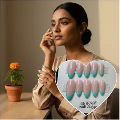 A modern take on the French manicure with a bright turquoise tip. My press-on nails can be customized with any color you like.