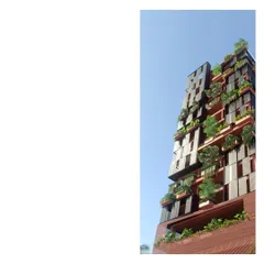Another view of our vertical living concept for Bombay. The design features a green exoskeleton to control the microclimate and provide shaded outdoor spaces for each residence.