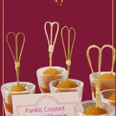 Our Panko Crusted Cottage Cheese bites offer a satisfying crunch with a soft, flavourful center. Served in individual shot glasses with a tangy dipping sauce, they are a sophisticated and popular choice for passed appetizers.