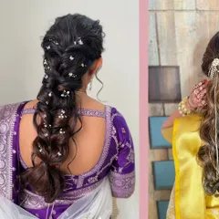 On the right, a soft wave hairstyle is shown with a delicate pearl chain accessory. This is a simple yet incredibly elegant look for a bride who wants to wear her hair down with a touch of traditional glamour.