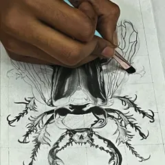 The final stages of a detailed insect drawing. Using fine-tipped pens and pencils, the student adds the finishing touches that bring the creature's form and texture to life.