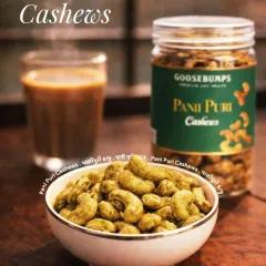 I've captured the tangy, spicy flavour of street-side pani puri in these roasted cashews. This is one of my favourite chaat-inspired nuts, served here in a simple bowl, ready to be enjoyed with a hot cup of chai.