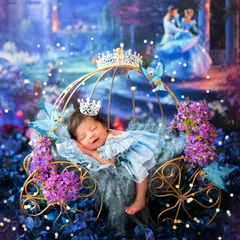 A dream is a wish your heart makes. This little princess is sleeping peacefully in her Cinderella-inspired carriage, creating a truly magical newborn portrait. I love designing these fairytale setups.