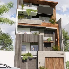 This design showcases a juxtaposition of layers and voids to create a balanced and intriguing facade. The use of different materials like textured panels, stone, and wood adds depth and character to the residence.