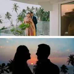 A classic sunset silhouette against a backdrop of palm trees. This is one of my favorite techniques for creating dramatic and romantic couple portraits during a beach photoshoot.