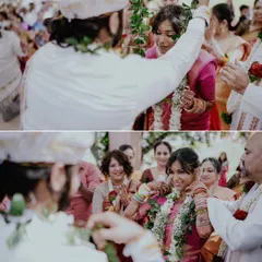 A diptych of the 'varmala' or garland exchange, a joyful and significant ritual in an Indian wedding.