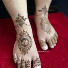 A minimalist engagement design for the feet. It features a beautiful lotus mandala on the top of the foot with an ankle band, resembling a delicate piece of jewelry.