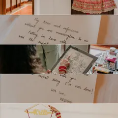 The little things that tell a big story. A handwritten love note from the groom, the bride's personalized hanger, and her wedding lehenga all build the narrative of the day.