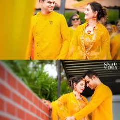 A collage of a couple during their Haldi ceremony, sharing loving glances. We document the shared moments between the couple during all pre-wedding functions.