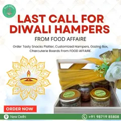 A last call for Diwali hamper orders. This graphic highlights the variety available, from tasty snack platters and gazing boxes to fully customized hampers.