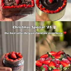 My Christmas special Belgian chocolate strawberry dessert is a seasonal bestseller. It's available in various sizes, from jars and tubs to loaf cakes.