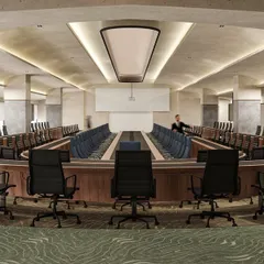 Another view of the conference hall render, emphasizing the scale and grandeur of the space. This design is perfect for board meetings, seminars, and high-level corporate events.