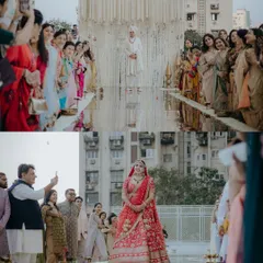 The bride and groom's separate entries, showcasing the anticipation before they meet at the mandap. The reflection on the water aisle adds a unique, symmetrical beauty to the moment.